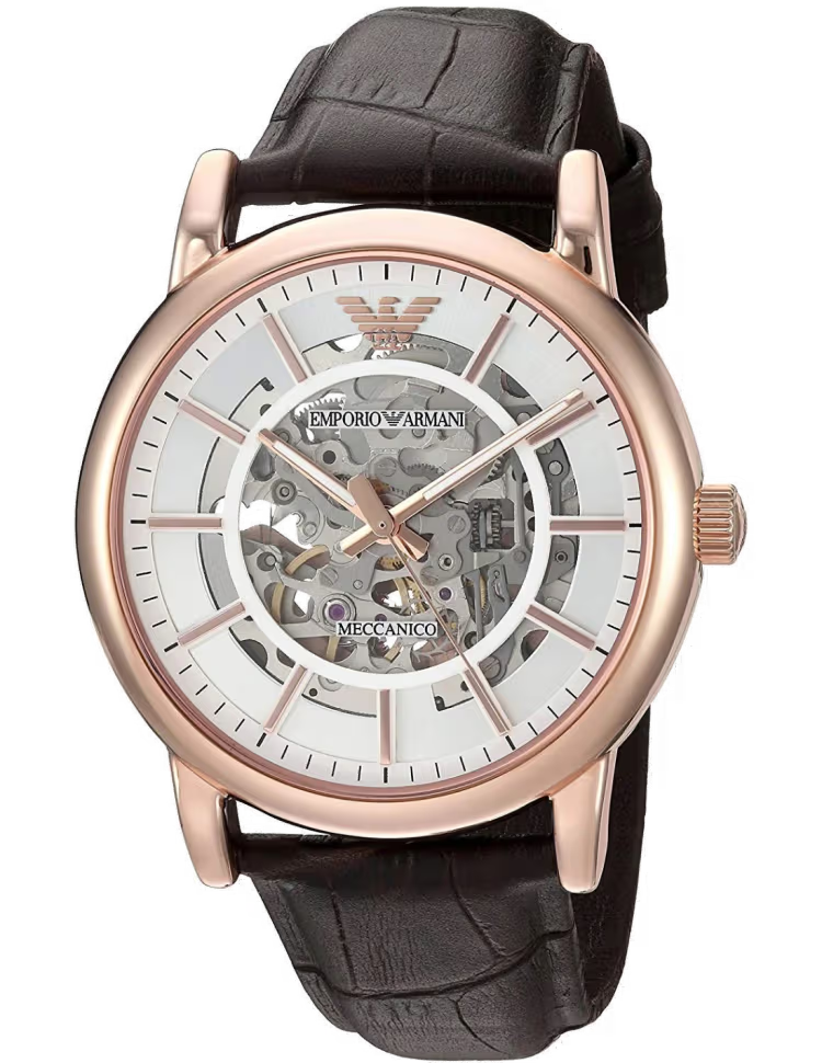 Montre Emporio Armani Meccanico AR60007 squelette automatique or rose, cadran blanc