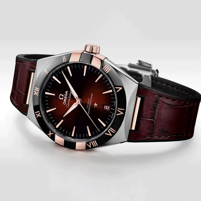 Omega Constellation or et acier, cadran bordeaux et bracelet cuir 41 mm